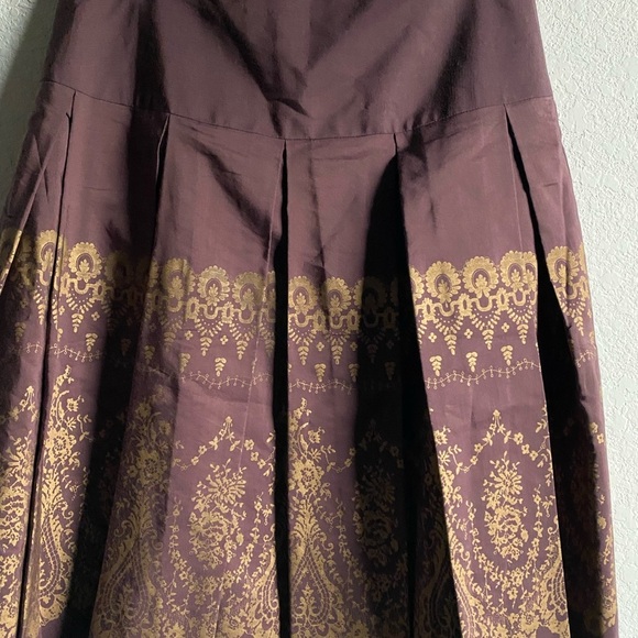 Anthropologie Odille Silk Blend Drop Waist Lace Trim Brown Gold Mod Midi Skirt 2 - Picture 10 of 13